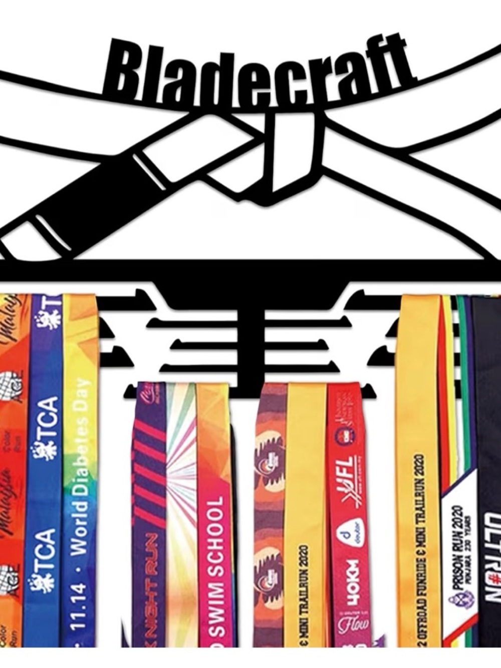 Bladecraft Medal Hanger Display with Colorful Event Ribbons